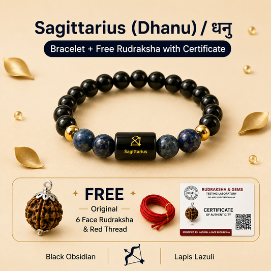 Sagittarius (धनु राशि) Zodiac Black Obsidian & Lapis Lazuli Bracelet with Free Rudraksha