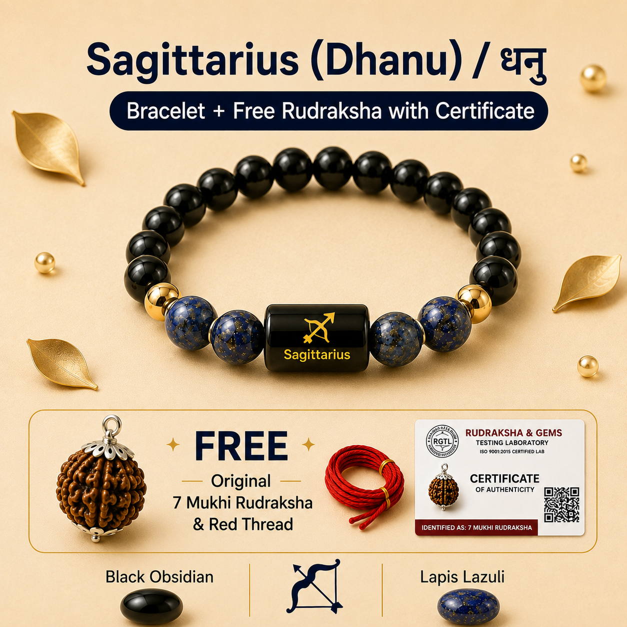 Sagittarius (धनु राशि) Zodiac Black Obsidian & Lapis Lazuli Bracelet with Free 7 Mukhi Rudraksha