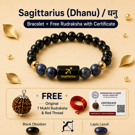 Sagittarius (धनु राशि) Zodiac Black Obsidian & Lapis Lazuli Bracelet with Free 7 Mukhi Rudraksha