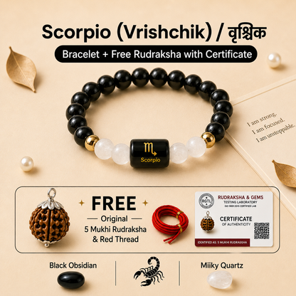 Scorpio (वृश्चिक राशि) Zodiac Black Obsidian & Milky Quartz Bracelet with Free Rudraksha