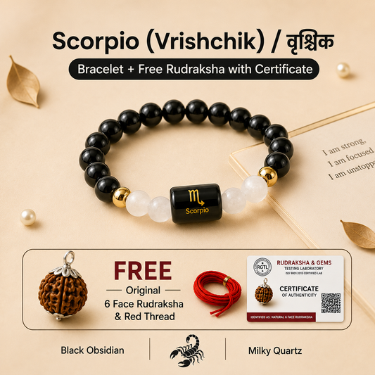 Scorpio (वृश्चिक राशि) Zodiac Black Obsidian & Milky Quartz Bracelet with Free Rudraksha