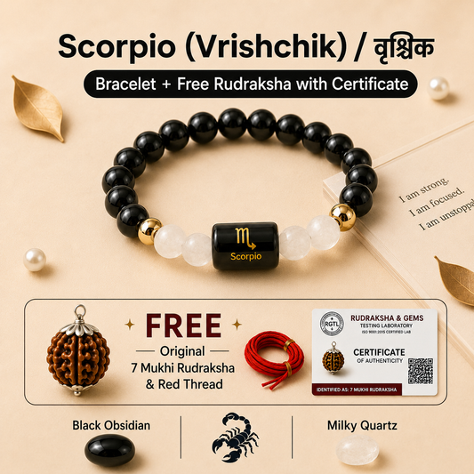 Scorpio (वृश्चिक राशि) Zodiac Black Obsidian & Milky Quartz Bracelet with Free 7 Mukhi Rudraksha