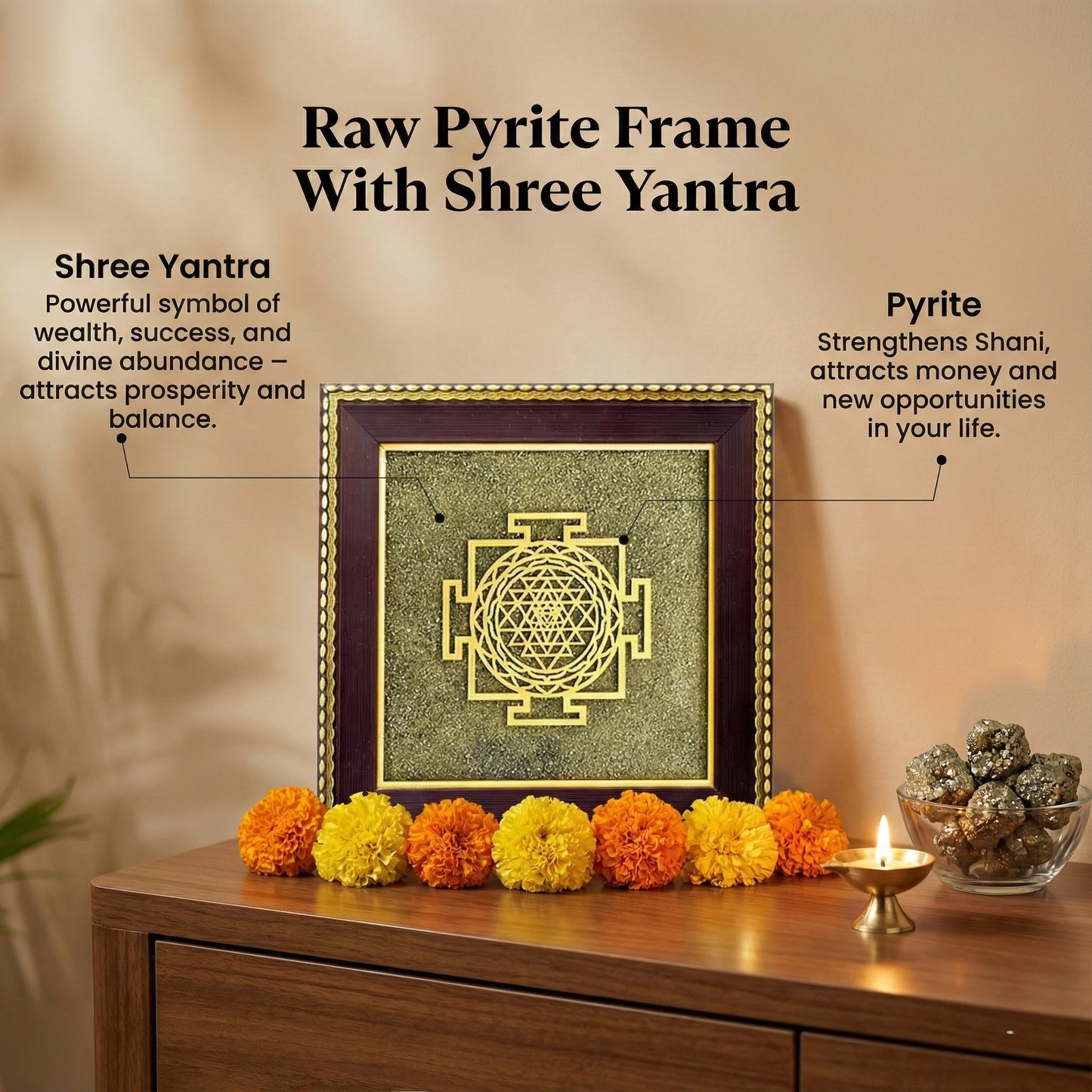 Raw Pyrite Frame with Shree Yantra on a wooden surface with decorative elements.