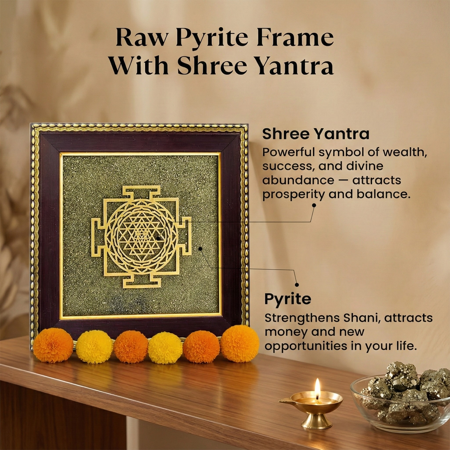 Raw Pyrite Frame with Shree Yantra on a wooden surface with decorative items.