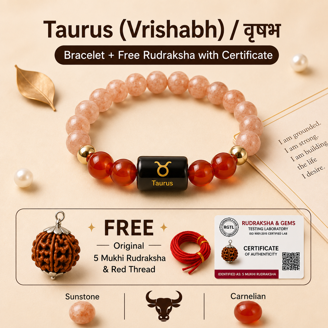 Taurus (वृषभ राशि) Zodiac Sunstone & Carnelian Bracelet with Free Rudraksha