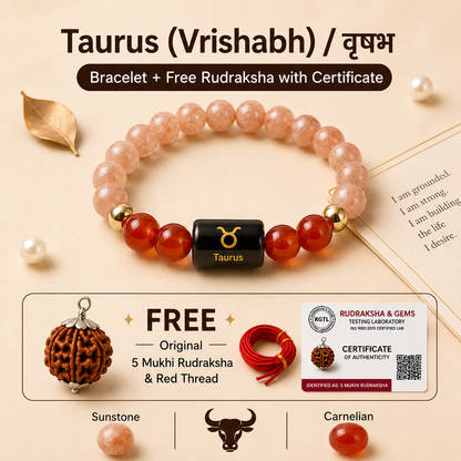 Taurus (वृषभ राशि) Zodiac Sunstone & Carnelian Bracelet with Free Rudraksha