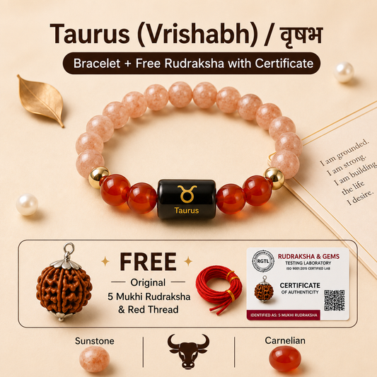 Taurus (वृषभ राशि) Zodiac Sunstone & Carnelian Bracelet with Free Rudraksha