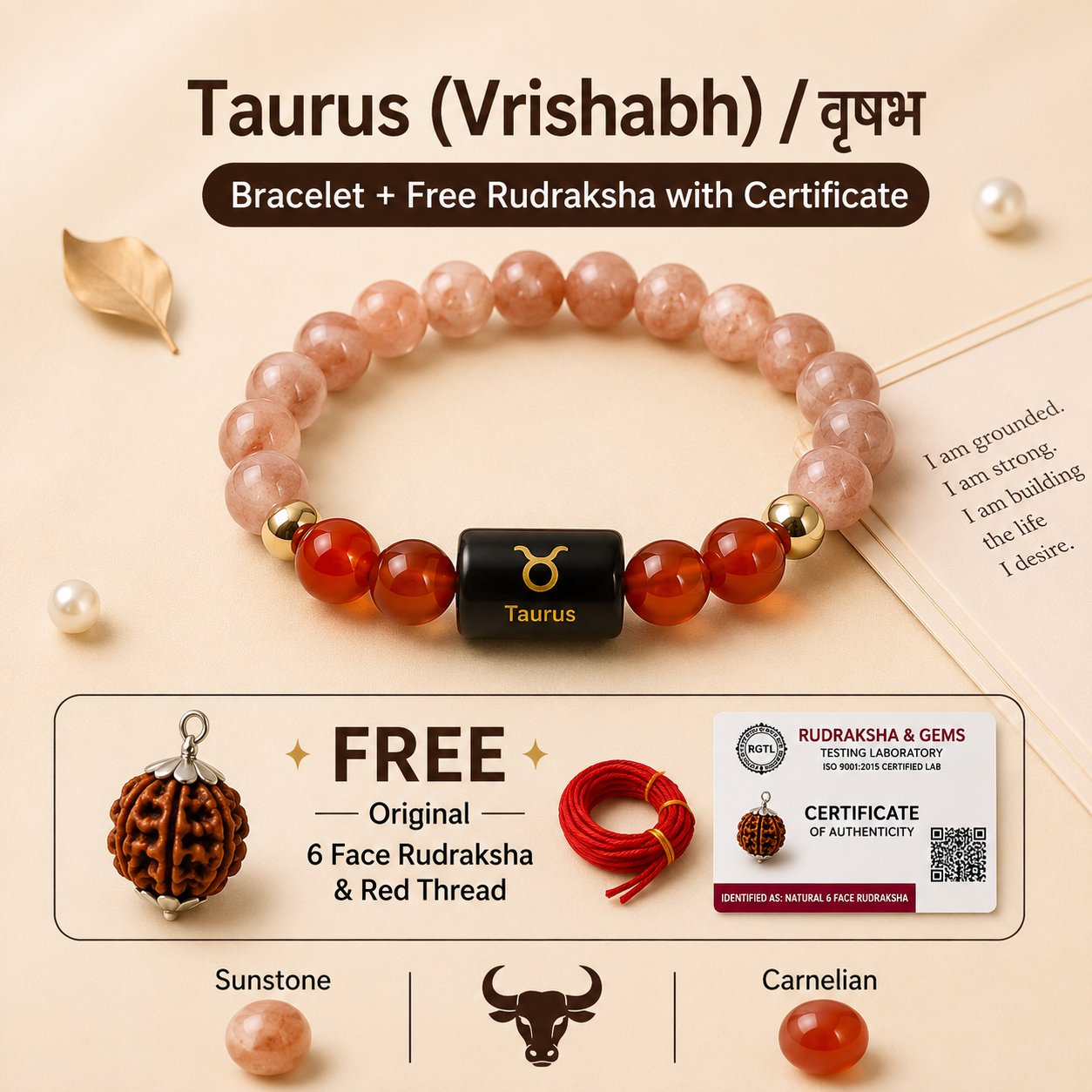 Taurus (वृषभ राशि) Zodiac Sunstone & Carnelian Bracelet with Free Rudraksha