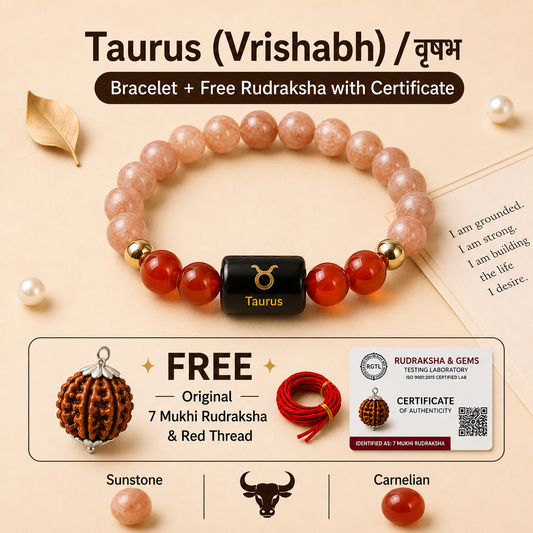Taurus (वृषभ राशि) Zodiac Sunstone & Carnelian Bracelet with Free 7 Mukhi Rudraksha