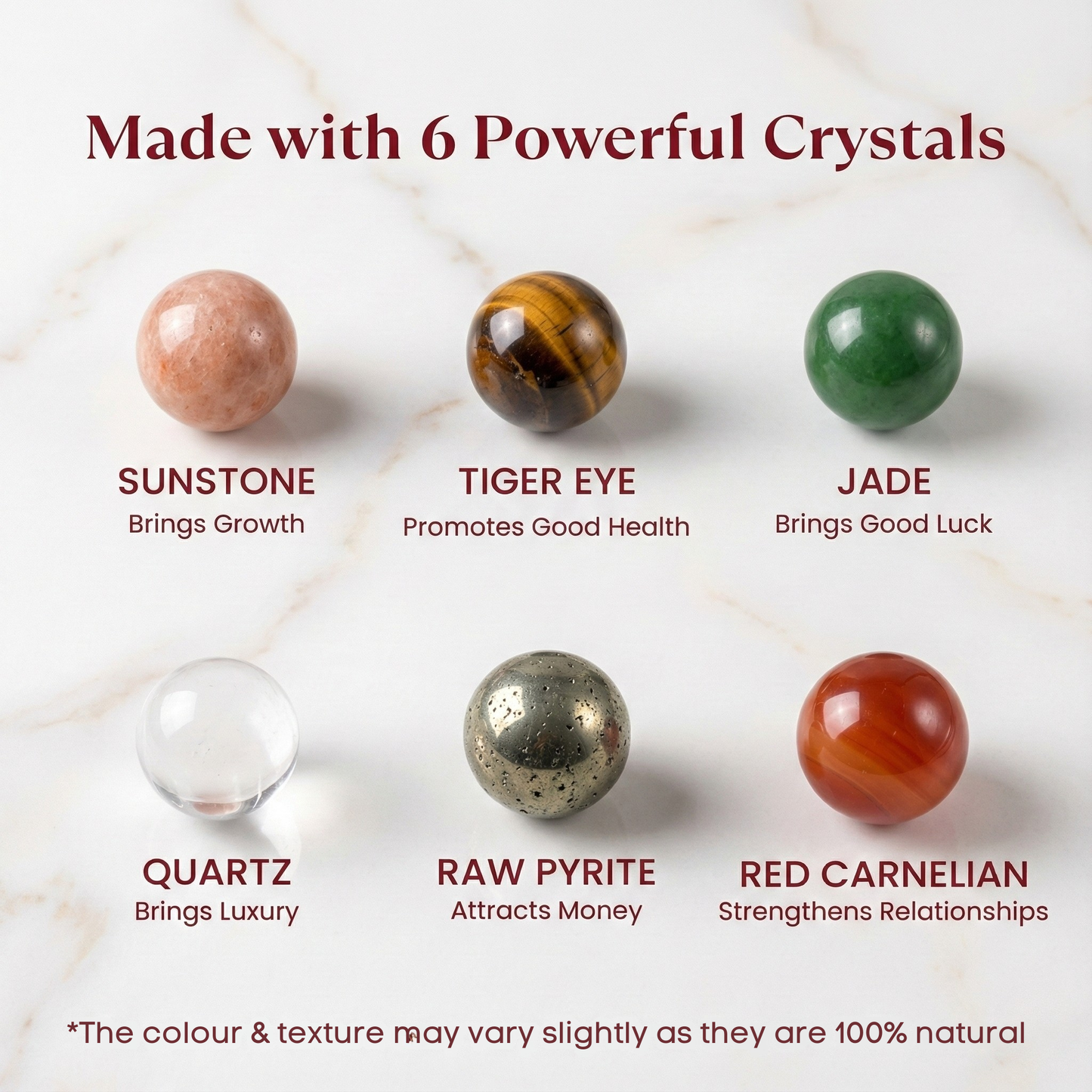 Six crystals with their names and benefits on a textured white background