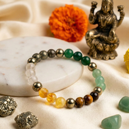 Dhan Prapti wealth manifestation combo featuring a Pyrite bracelet and Citrine crystal for attracting money and financial success.