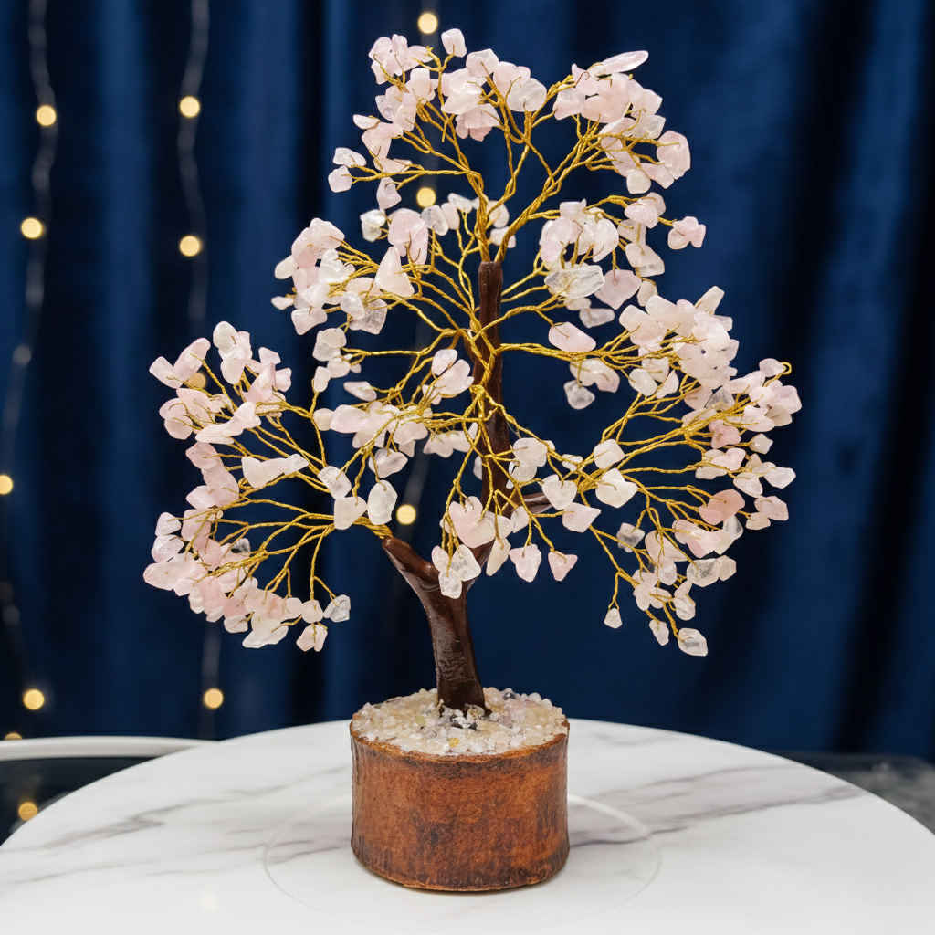 Natural Rose Quartz gemstone healing tree for Heart Chakra balancing, attracting love, and emotional healing.