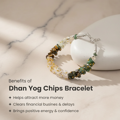 Dhan Yog multi-crystal chips bracelet for wealth manifestation resting on a raw white Selenite charging plate.
