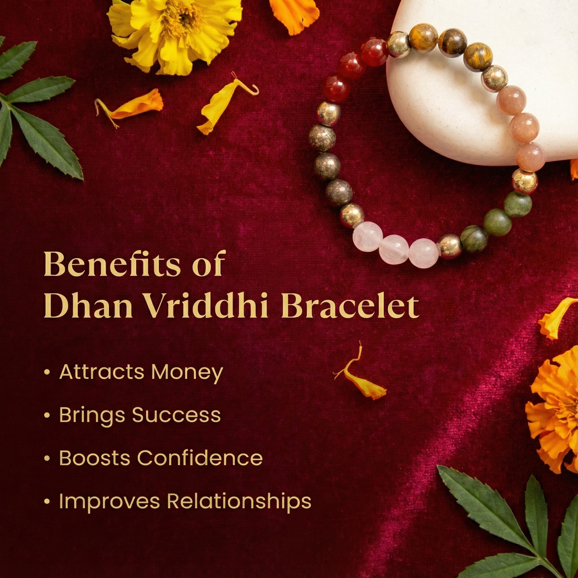 Dhan Vridhi bracelet with flowers and text on a red background
