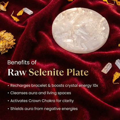 Raw Selenite Plate on a red fabric background with text about its benefits.