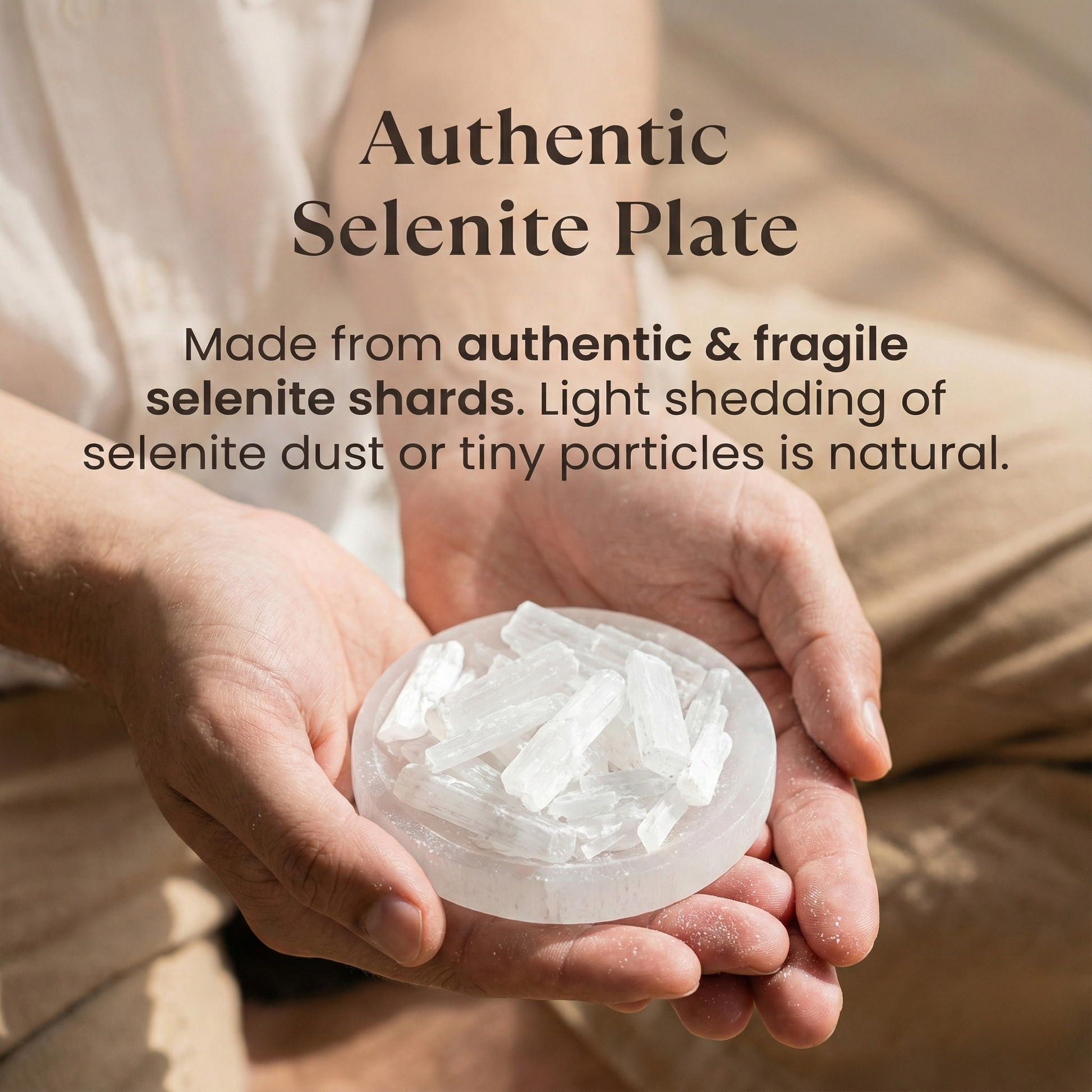 Hands holding a selenite plate with text about authenticity and natural properties.