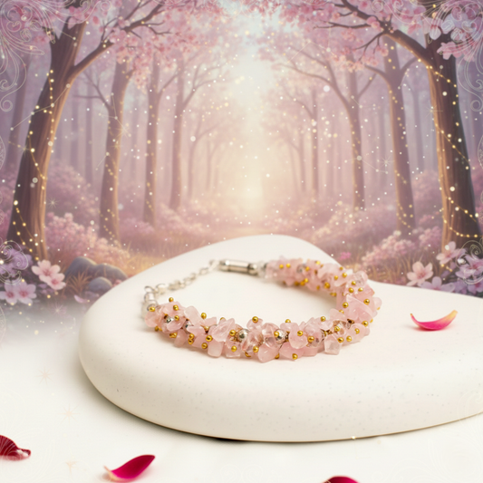 Natural pink Rose Quartz chips bracelet for heart chakra healing and emotional balance.