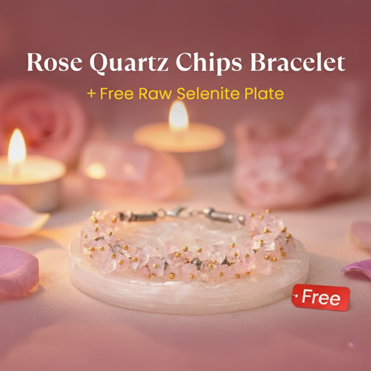 A spiritual gift set featuring a stretchable Rose Quartz chip bracelet resting on a rectangular raw Selenite charging plate. The pale pink, polished quartz chips contrast with the white, fibrous, and translucent texture of the natural Selenite slab.