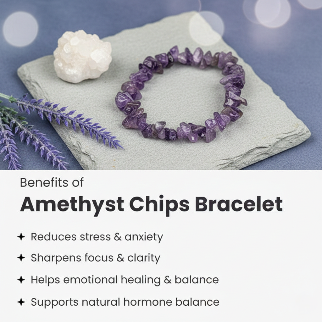A stretchable chip stone bracelet made of natural purple Amethyst. The image shows numerous small, irregularly shaped and polished amethyst chips in varying shades of lavender and deep violet, strung on a durable transparent elastic cord for a comfortable fit.