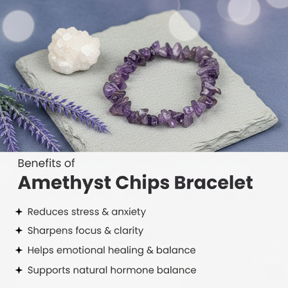 A stretchable chip stone bracelet made of natural purple Amethyst. The image shows numerous small, irregularly shaped and polished amethyst chips in varying shades of lavender and deep violet, strung on a durable transparent elastic cord for a comfortable fit.