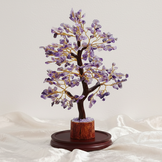 Natural purple Amethyst gemstone healing tree for stress relief, spiritual growth, and Third Eye Chakra balancing.