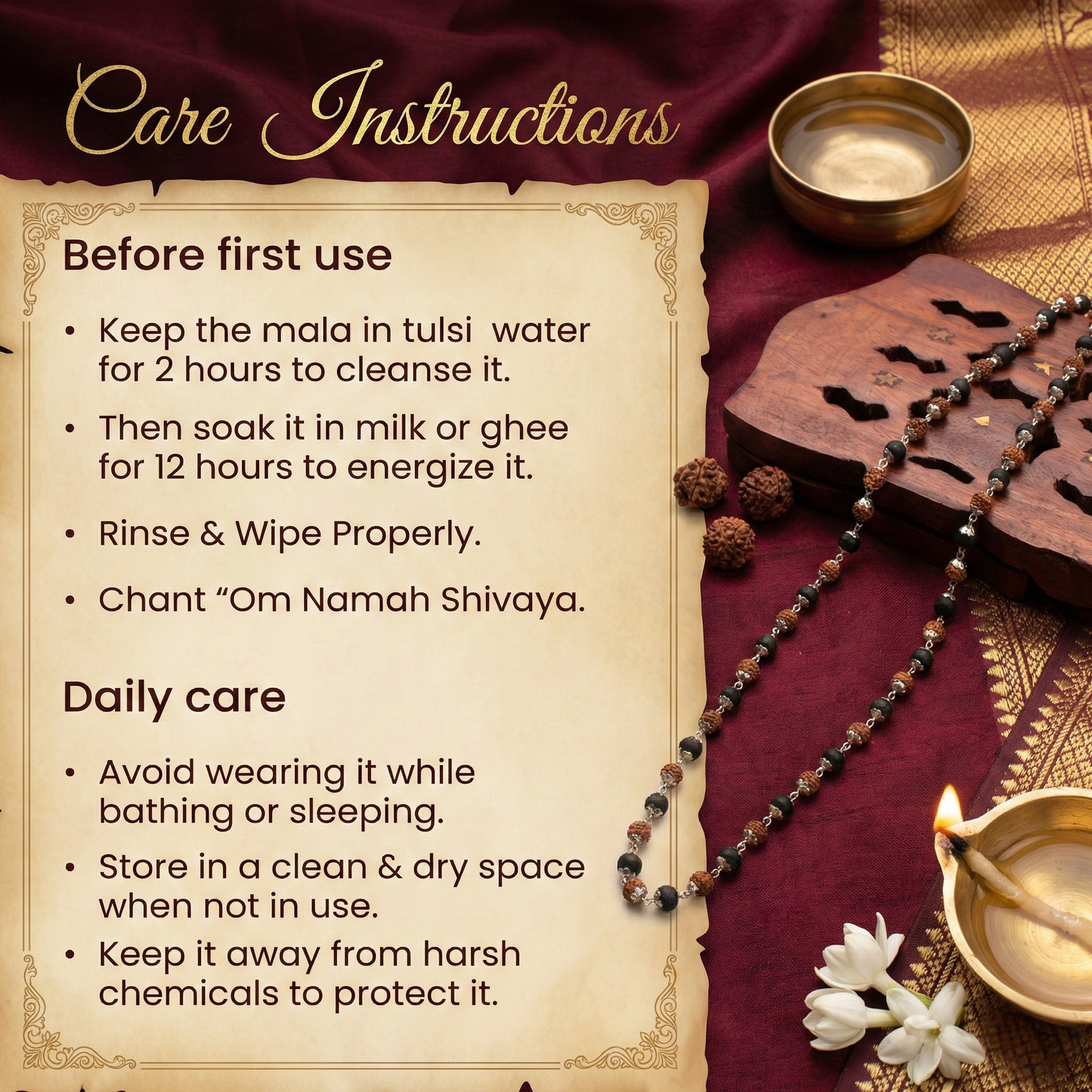 Original Divya Raksha Mala featuring natural Rudraksha and black Karungali beads with premium silver capping for protection.