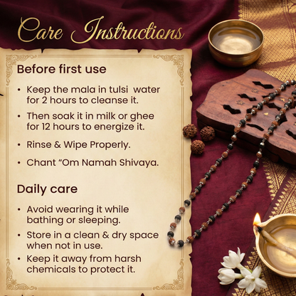 Original Divya Raksha Mala featuring natural Rudraksha and black Karungali beads with premium silver capping for protection.