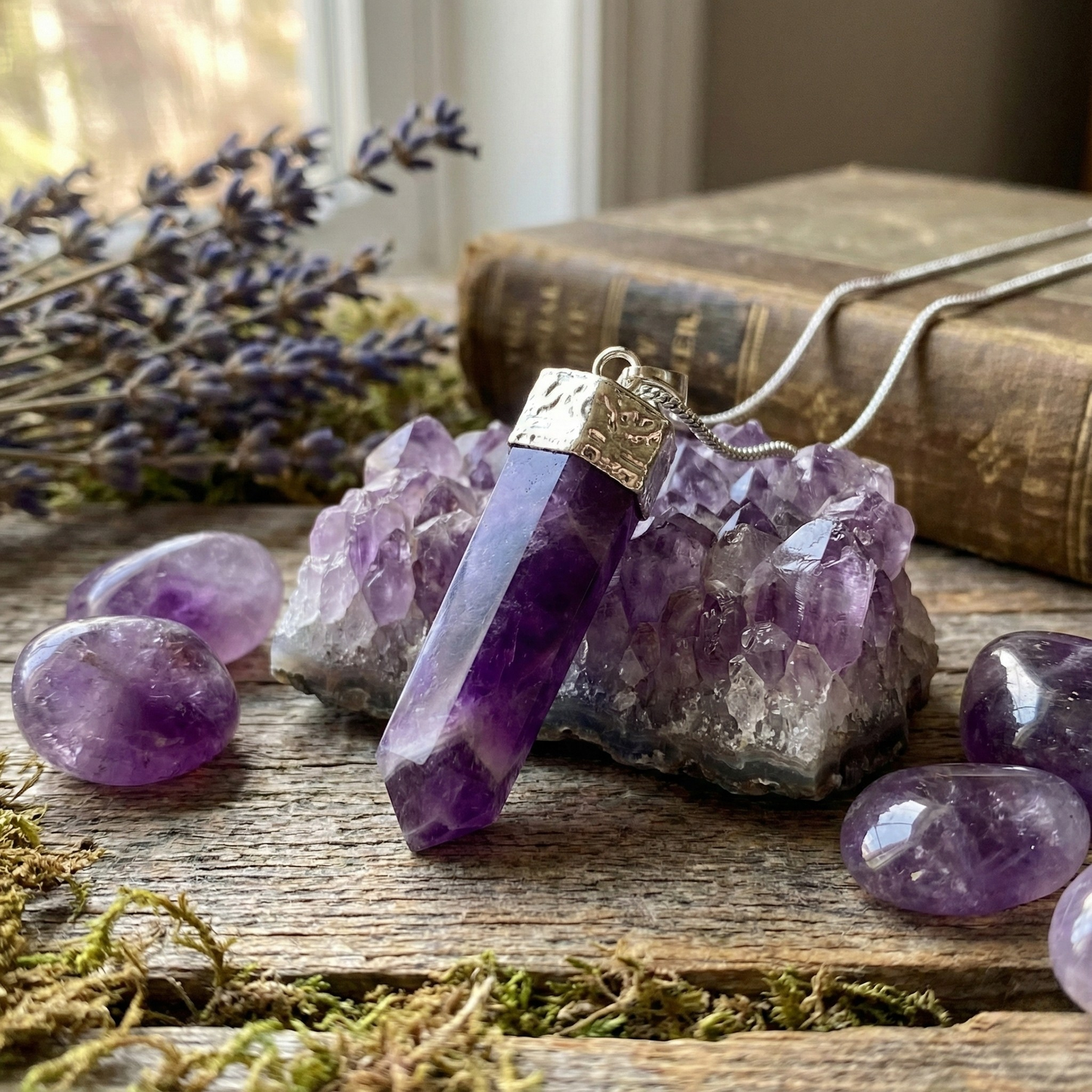 Amethyst crystal necklace on a wooden surface with crystals and lavender.