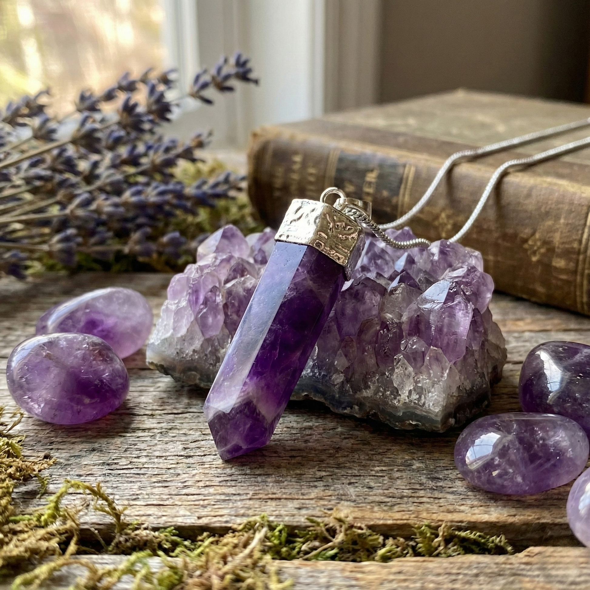 Amethyst crystal necklace on a wooden surface with crystals and lavender.