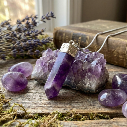 Amethyst crystal necklace on a wooden surface with crystals and lavender.