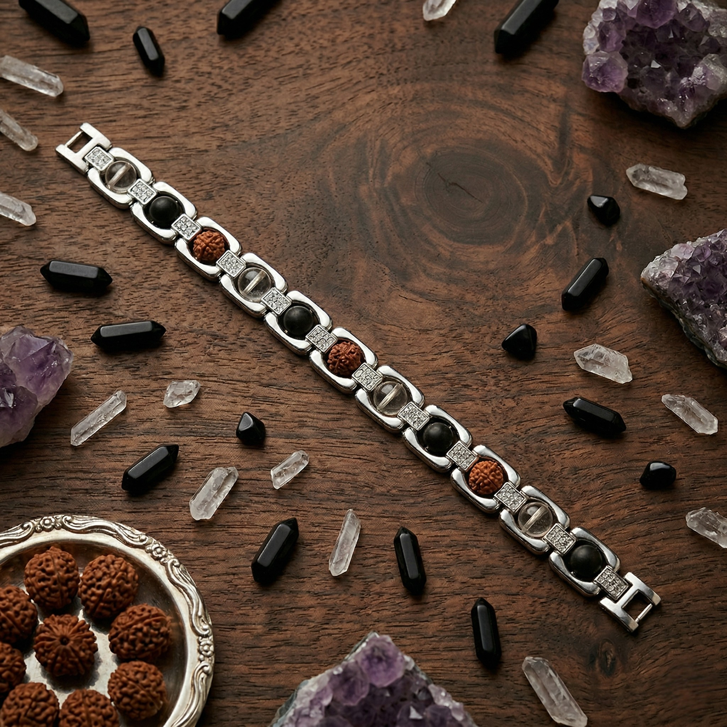 Rudraksh Karungali Clear Quartz Bracelet - Silver