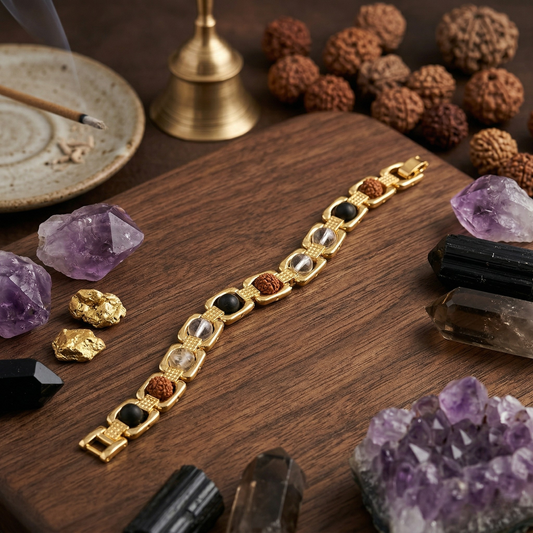 Rudraksh Karungali Clear Quartz Bracelet - Gold