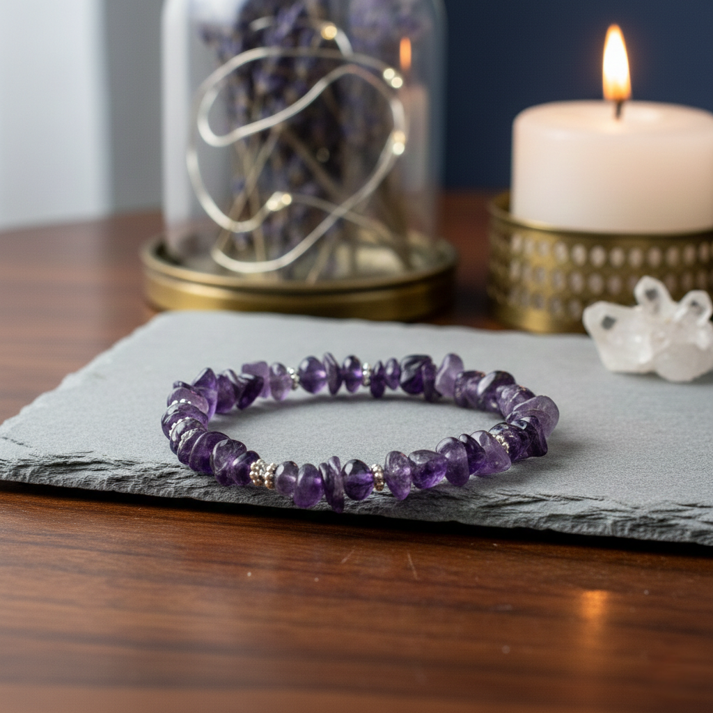 A stretchable chip stone bracelet made of natural purple Amethyst. The image shows numerous small, irregularly shaped and polished amethyst chips in varying shades of lavender and deep violet, strung on a durable transparent elastic cord for a comfortable fit.