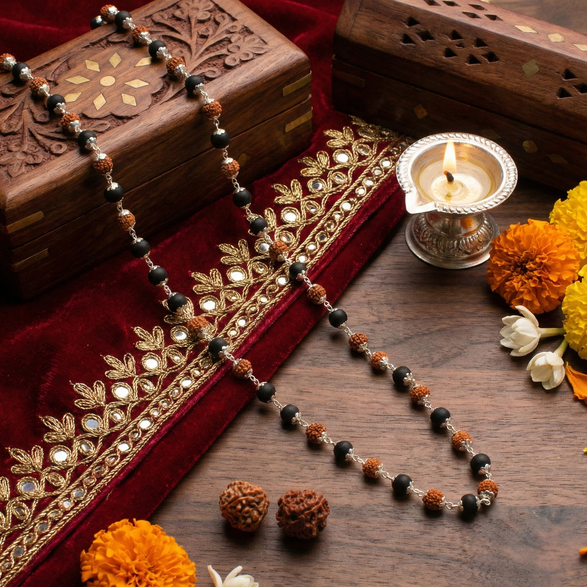 Original Divya Raksha Mala featuring natural Rudraksha and black Karungali beads with premium silver capping for protection.