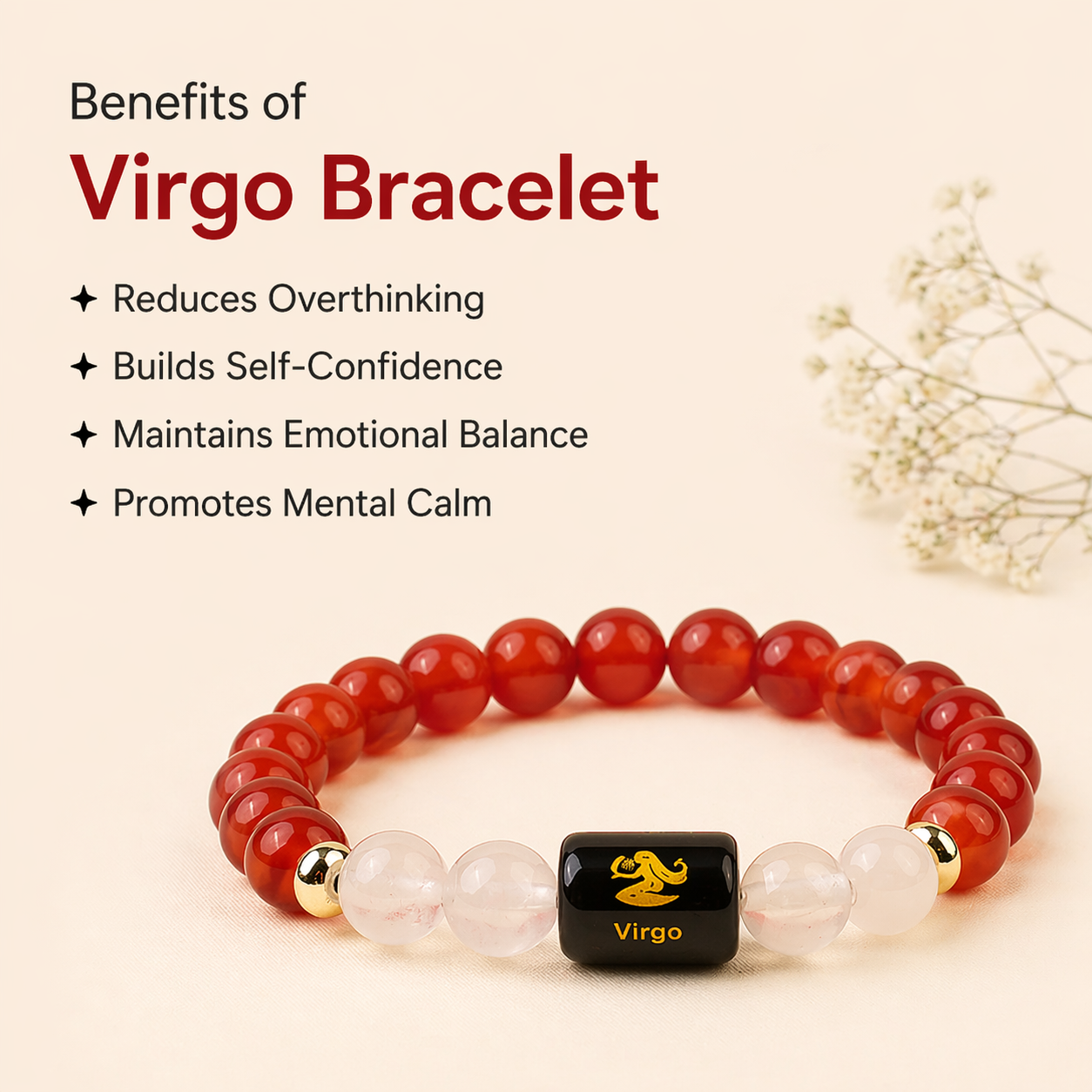 Virgo (कन्या राशि) Zodiac Carnelian & Milky Quartz Bracelet