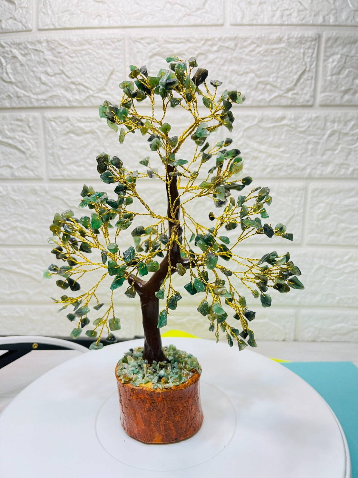Handcrafted Green Jade Crystal Tree with golden wire branches and natural jade chips on a wooden base for prosperity, protection, and positive energy.