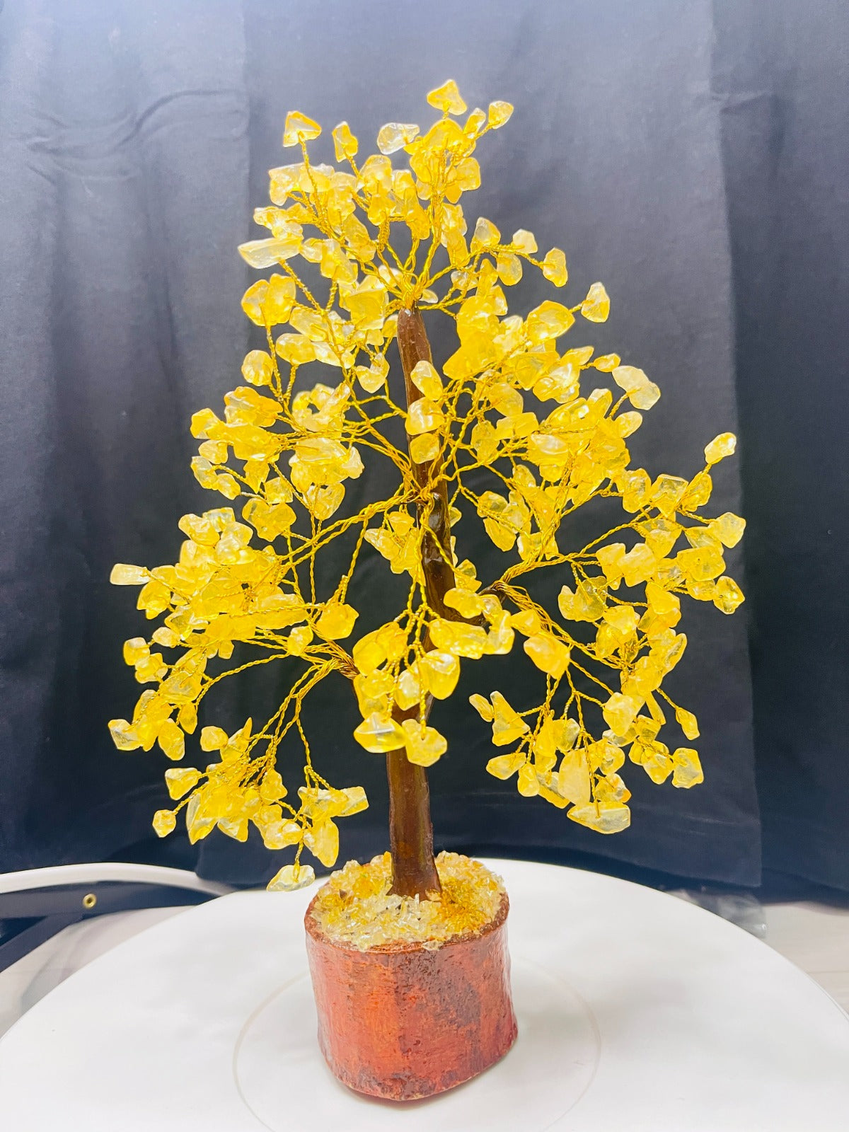 Handcrafted Citrine Crystal Tree with golden wire branches and natural citrine chips on a wooden base for wealth, success, and positive energy.