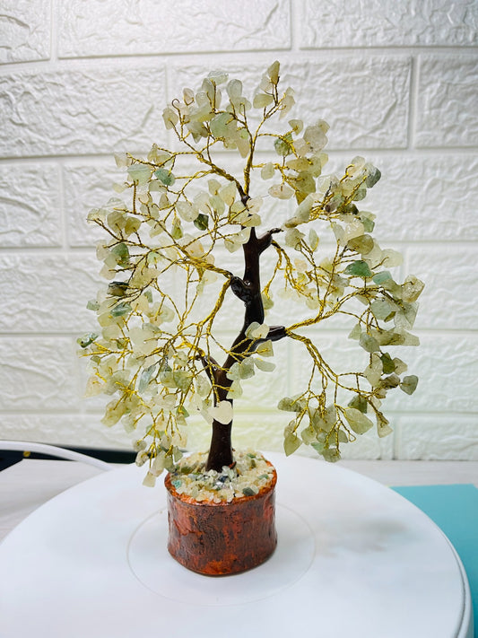 Handcrafted Green Aventurine Crystal Tree with golden wire branches and natural aventurine chips on a wooden base for prosperity, luck, and positive energy.