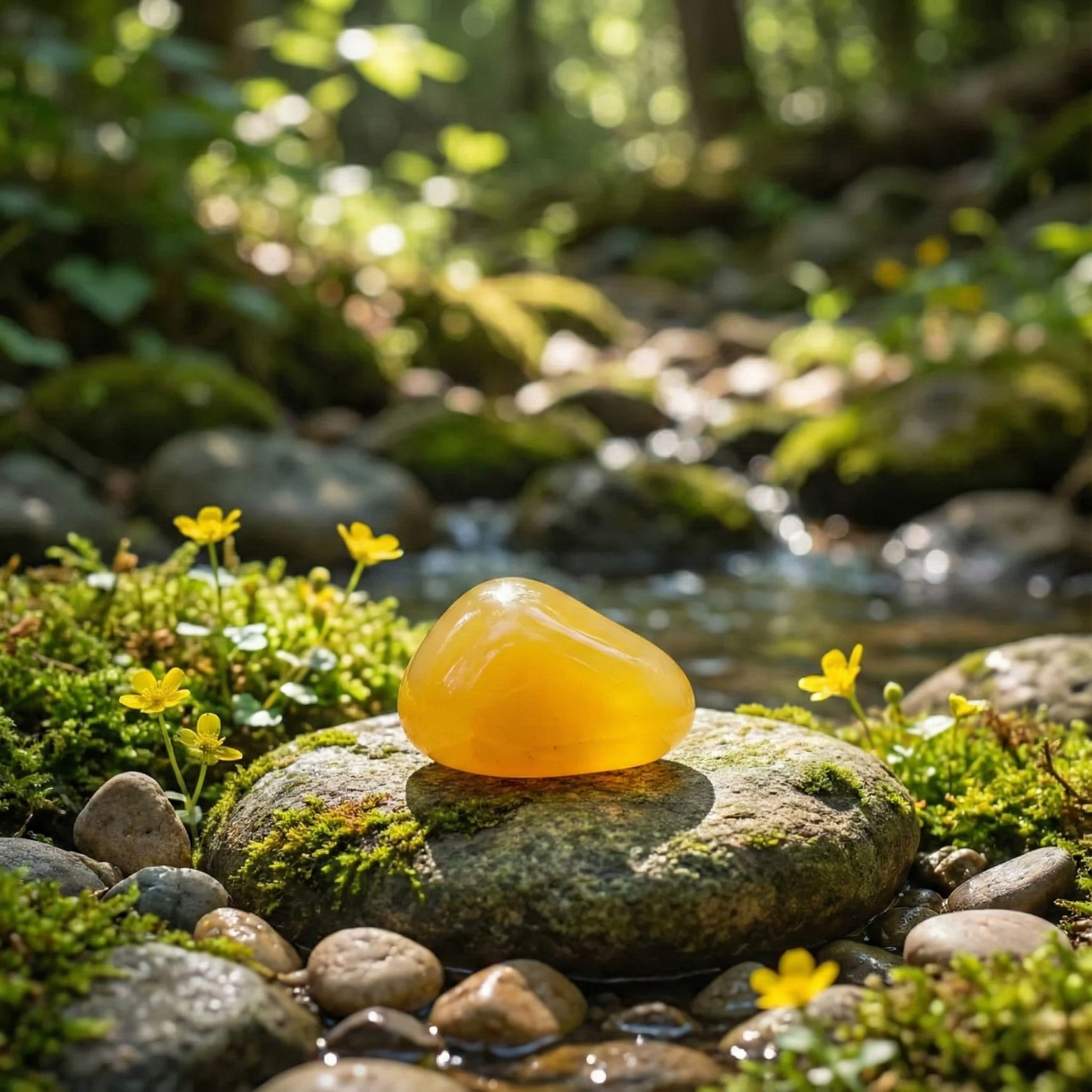 Polished Yellow Aventurine tumble stone on a white surface, known for confidence, motivation, and positive energy.