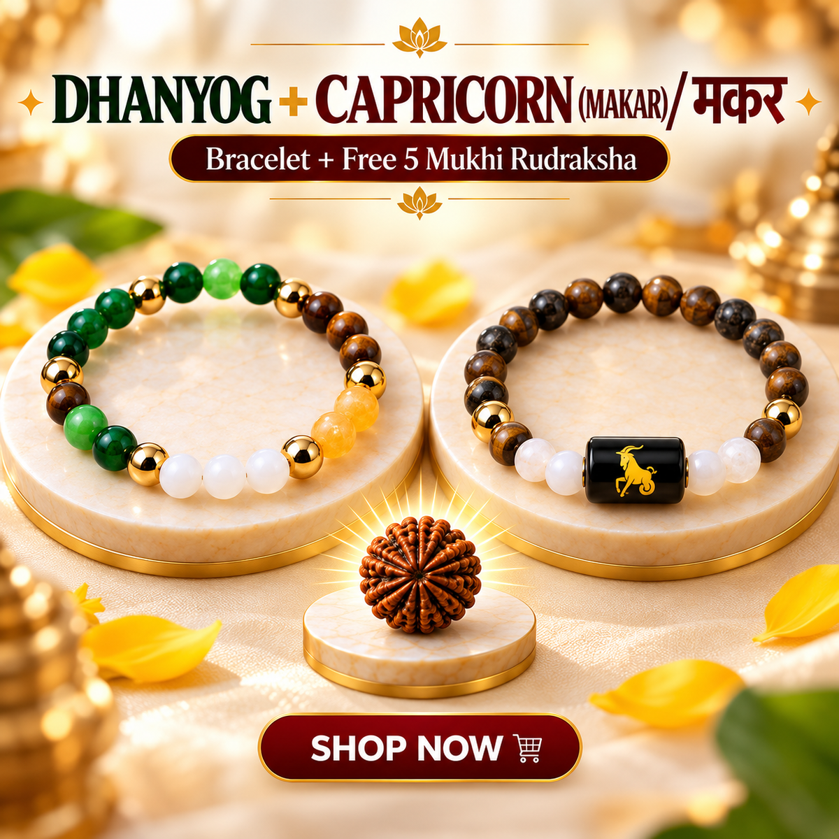 Capricorn Zodiac & DhanYog Bracelet + FREE 5 Mukhi Rudraksha