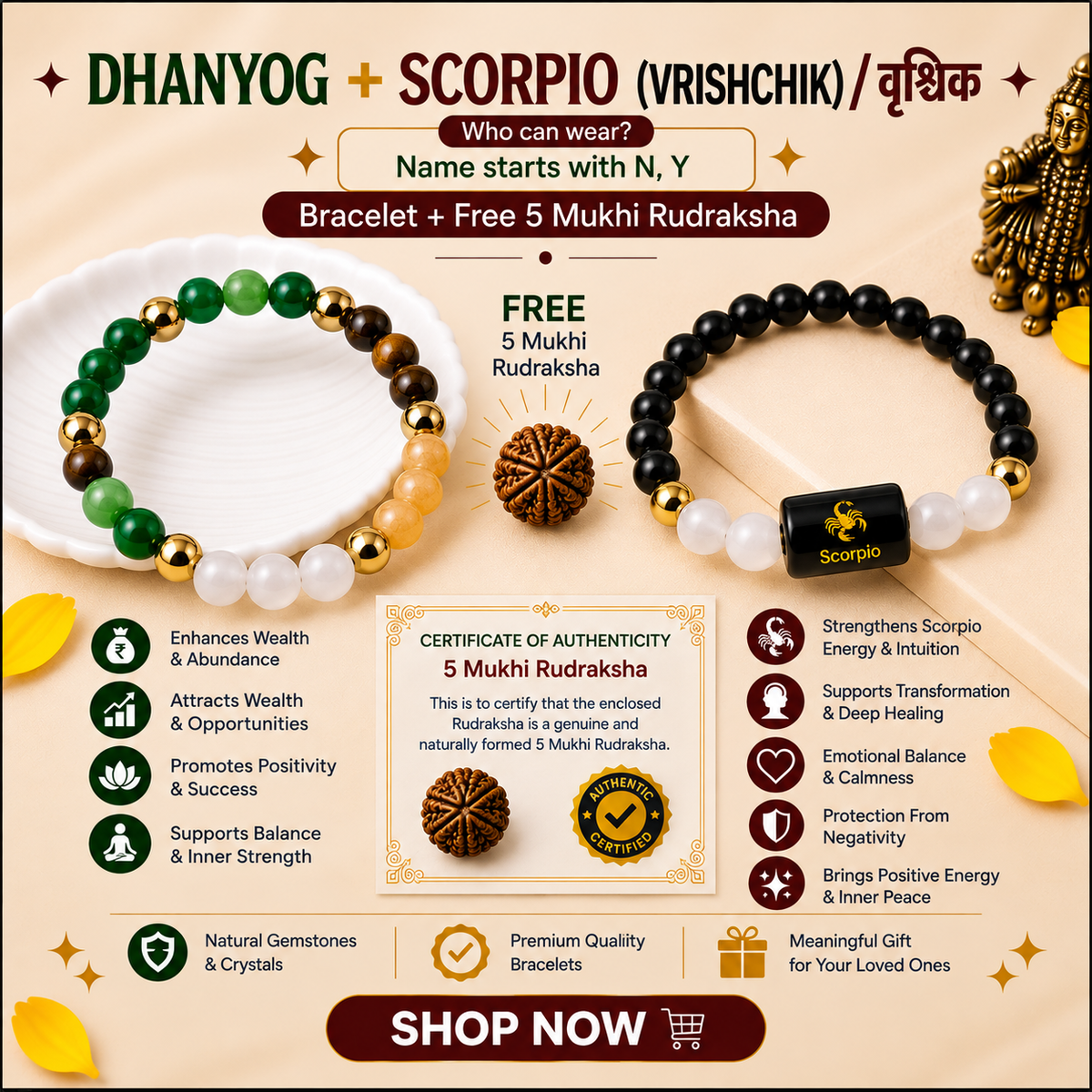 Scorpio Zodiac & DhanYog Bracelet + FREE 5 Mukhi Rudraksha