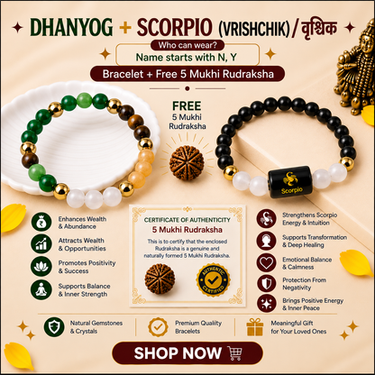 Scorpio Zodiac & DhanYog Bracelet + FREE 5 Mukhi Rudraksha
