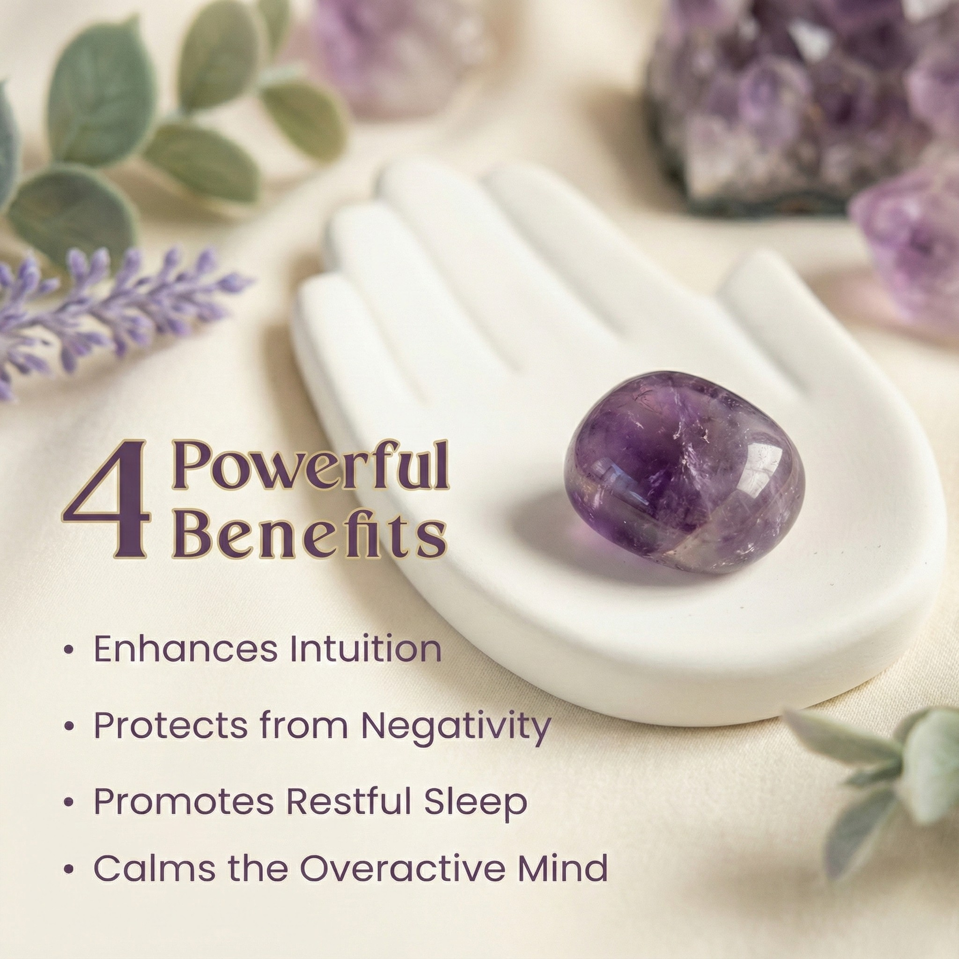 Polished Amethyst tumble stone placed on a white surface, known for calmness, intuition, and spiritual protection.
