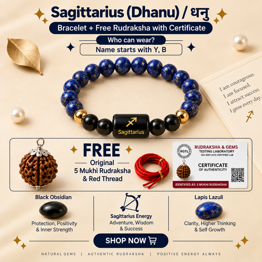 Sagittarius (धनु राशि) Zodiac Black Obsidian & Lapis Lazuli Bracelet with Free 5 Mukhi Rudraksha