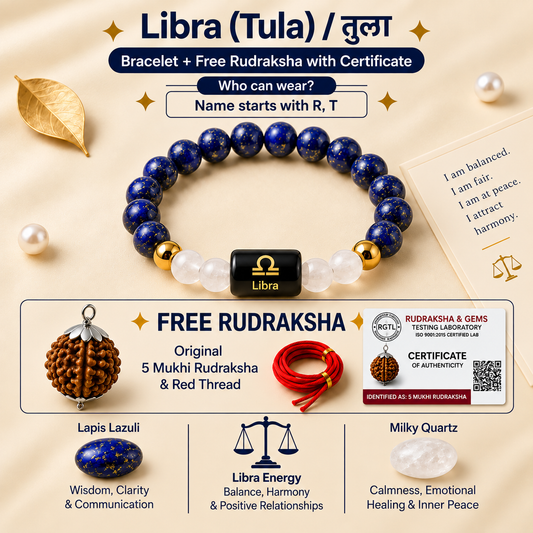 Libra (तुला राशि) Zodiac LapisLazuli & Howlite Bracelet with Free 5 Mukhi Rudraksha