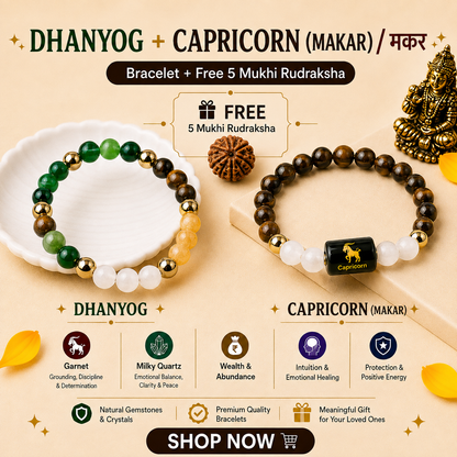 Capricorn Zodiac & DhanYog Bracelet + FREE 5 Mukhi Rudraksha