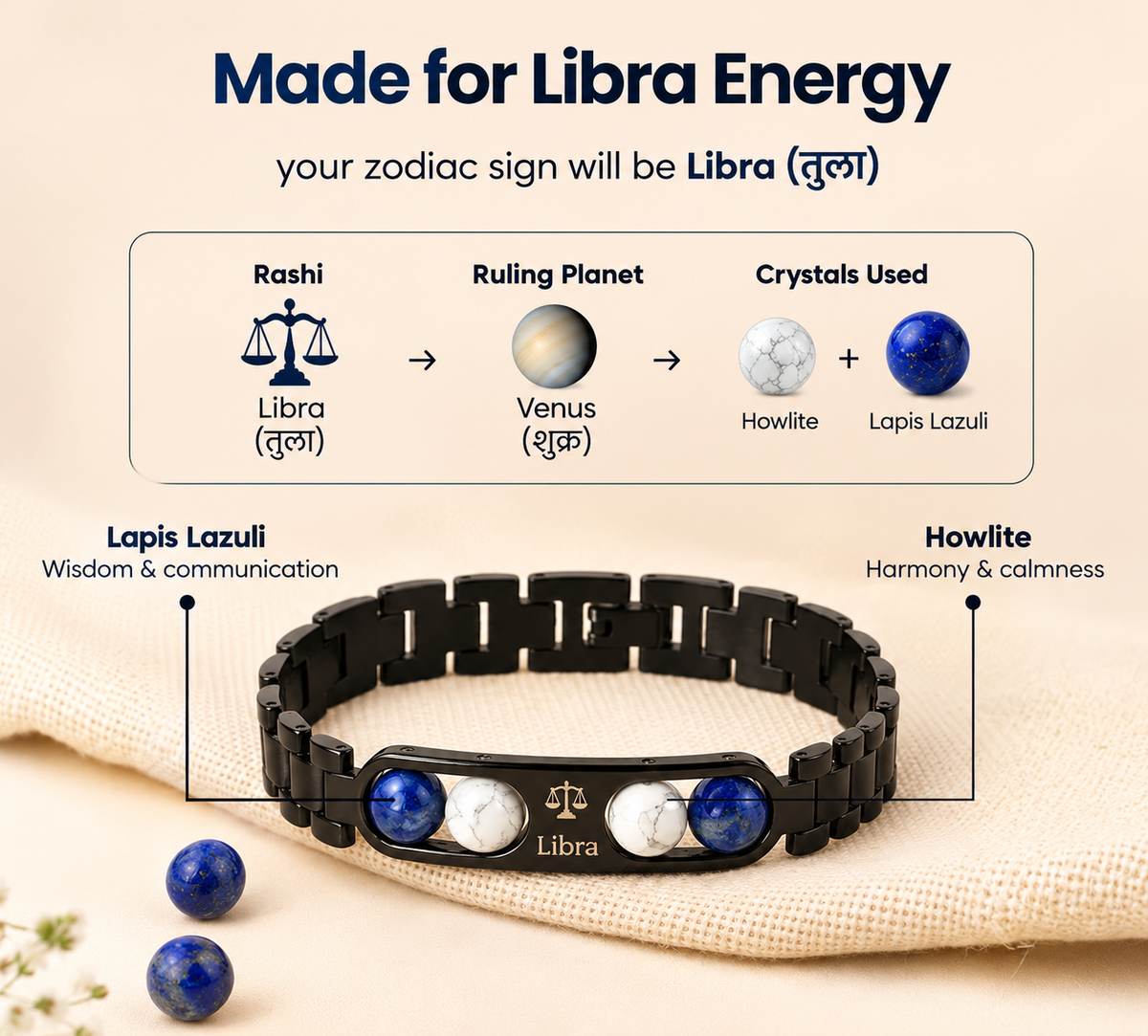 Libra Zodiac Metal Bracelet with Free Raw Selenite Plate