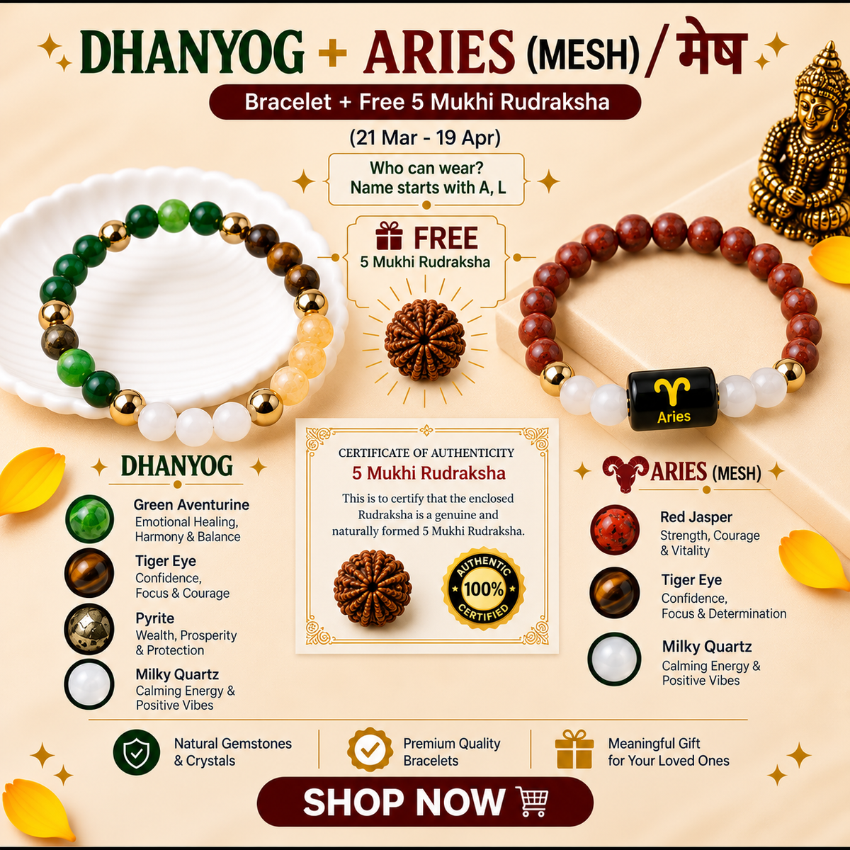 Aries (मेष राशि) Zodiac & DhanYog Eye Bracelet + FREE 5 Mukhi Rudraksha