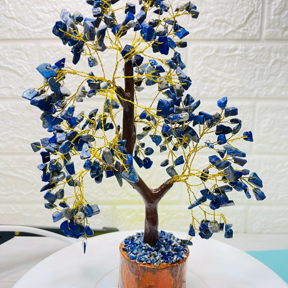 Natural Lapis Lazuli gemstone healing tree with golden Pyrite flecks for enhancing intuition, wisdom, and mental clarity.