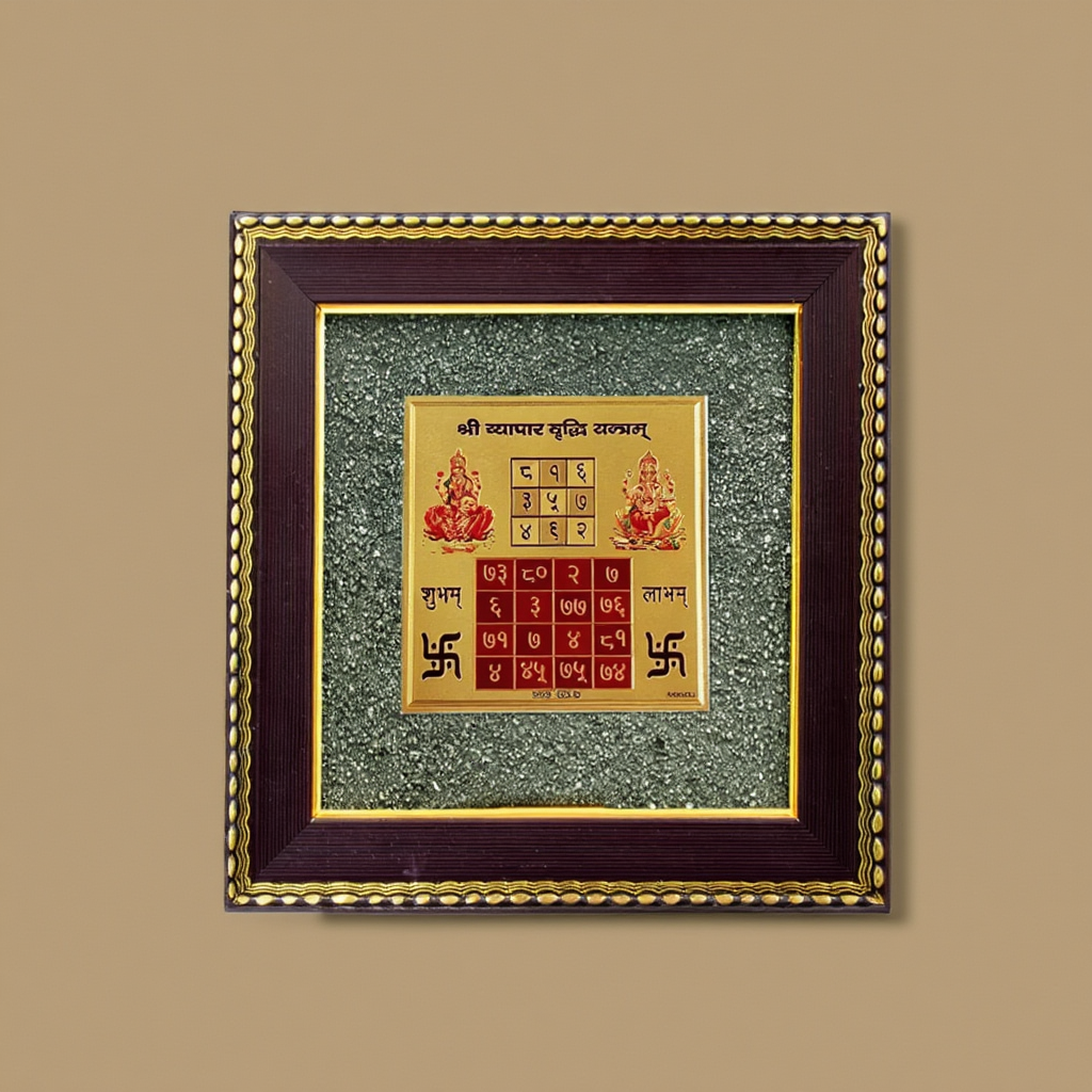 Vyapar Vridhhi Yantra raw pyrite frame for business and wealth.